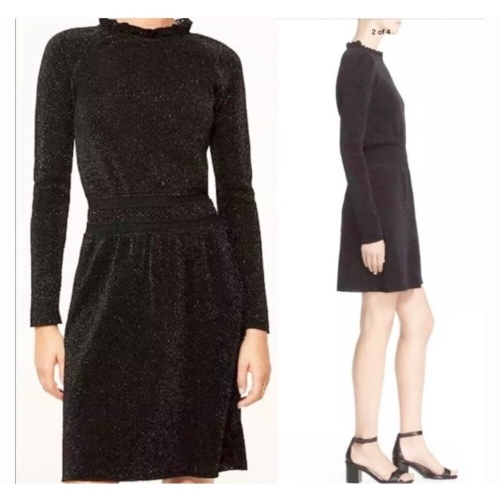 Tory Burch Black Isabelle Wool Knit Dress XS Sweater Semi Sheer Ruffle Neck